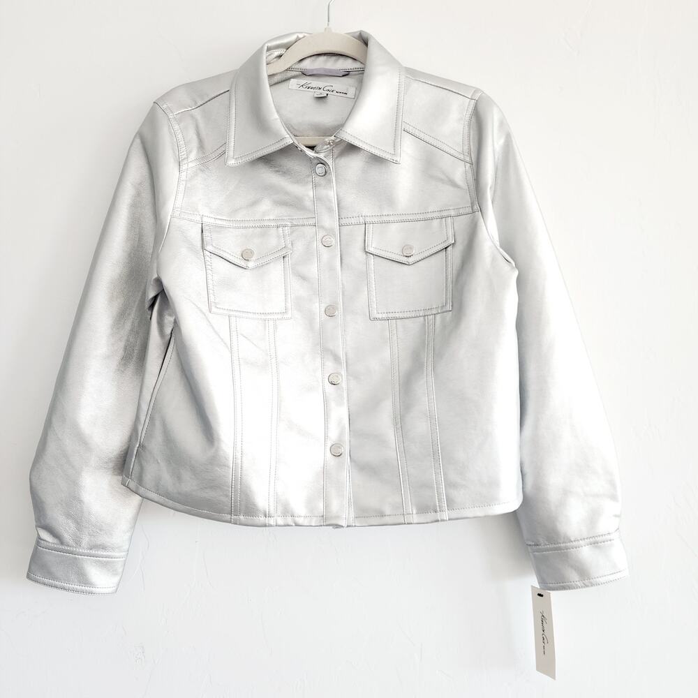 Kenneth Cole Faux Leather Metallic Silver Button Front Jacket Size Large